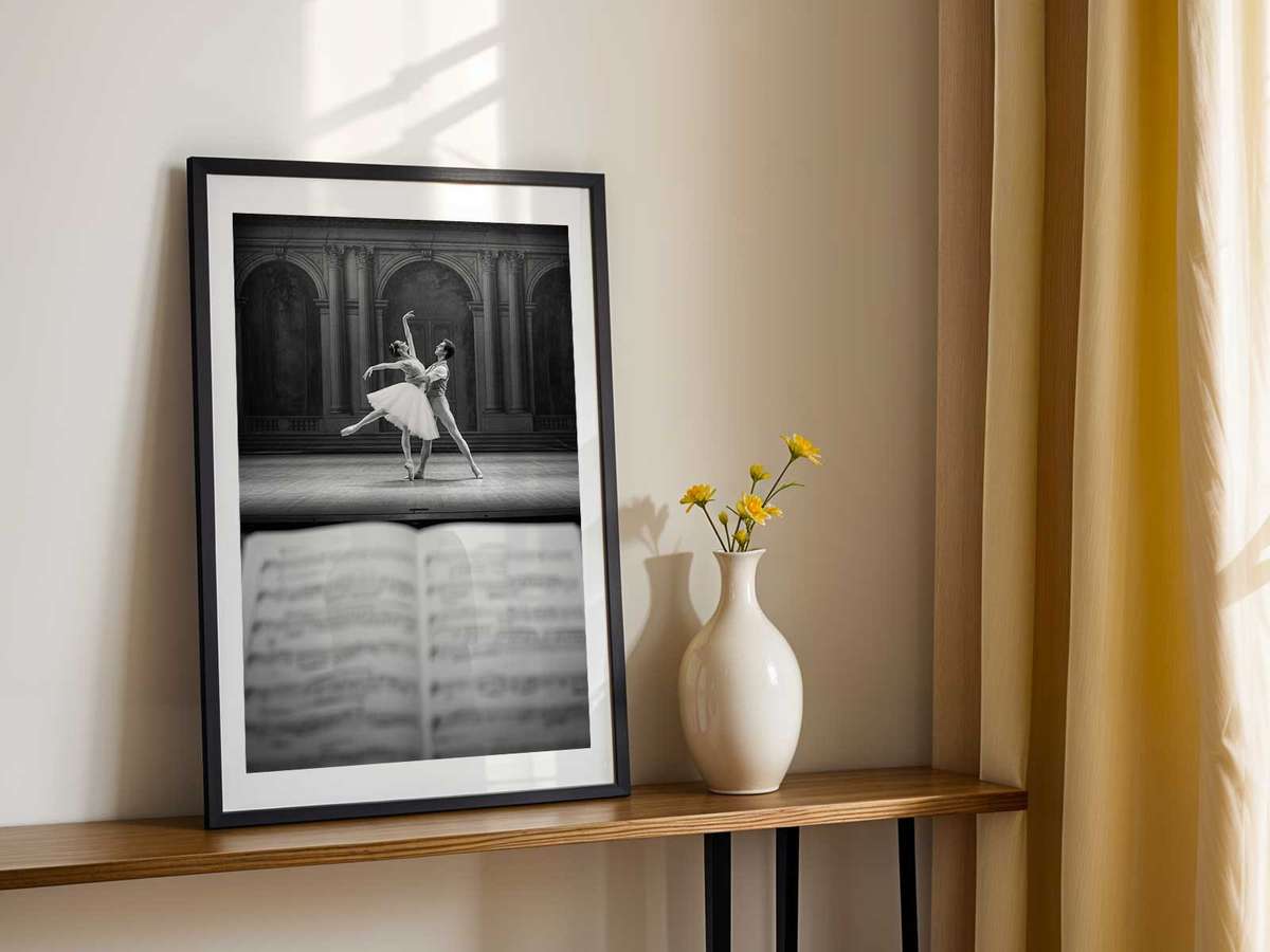 Ballerina stepping through parted curtains into warm stage light, fabric framing the moment of arrival