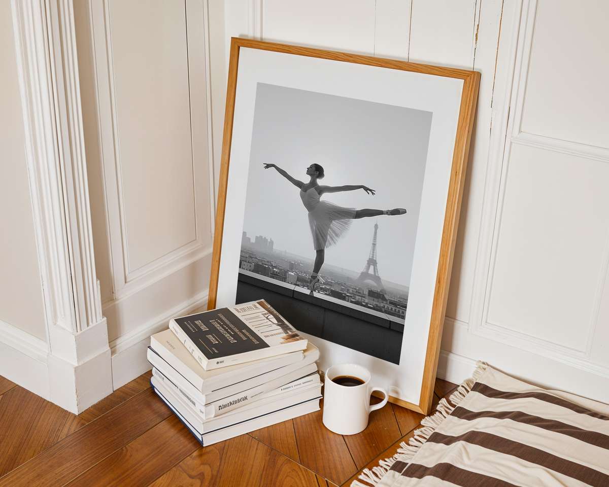 Ballerina poised in a grand entrance hall with ornate molding and a softly worn finish evoking historical depth