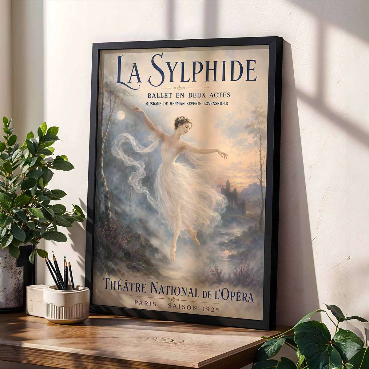 Romantic wall art centered on Vintage Ballerina with a romantic atmosphere with French text