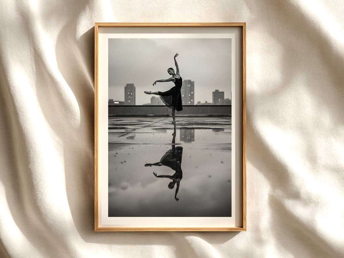 Ballerina Silhouette in Urban Skyline ballet poster shown as refined dance wall art
