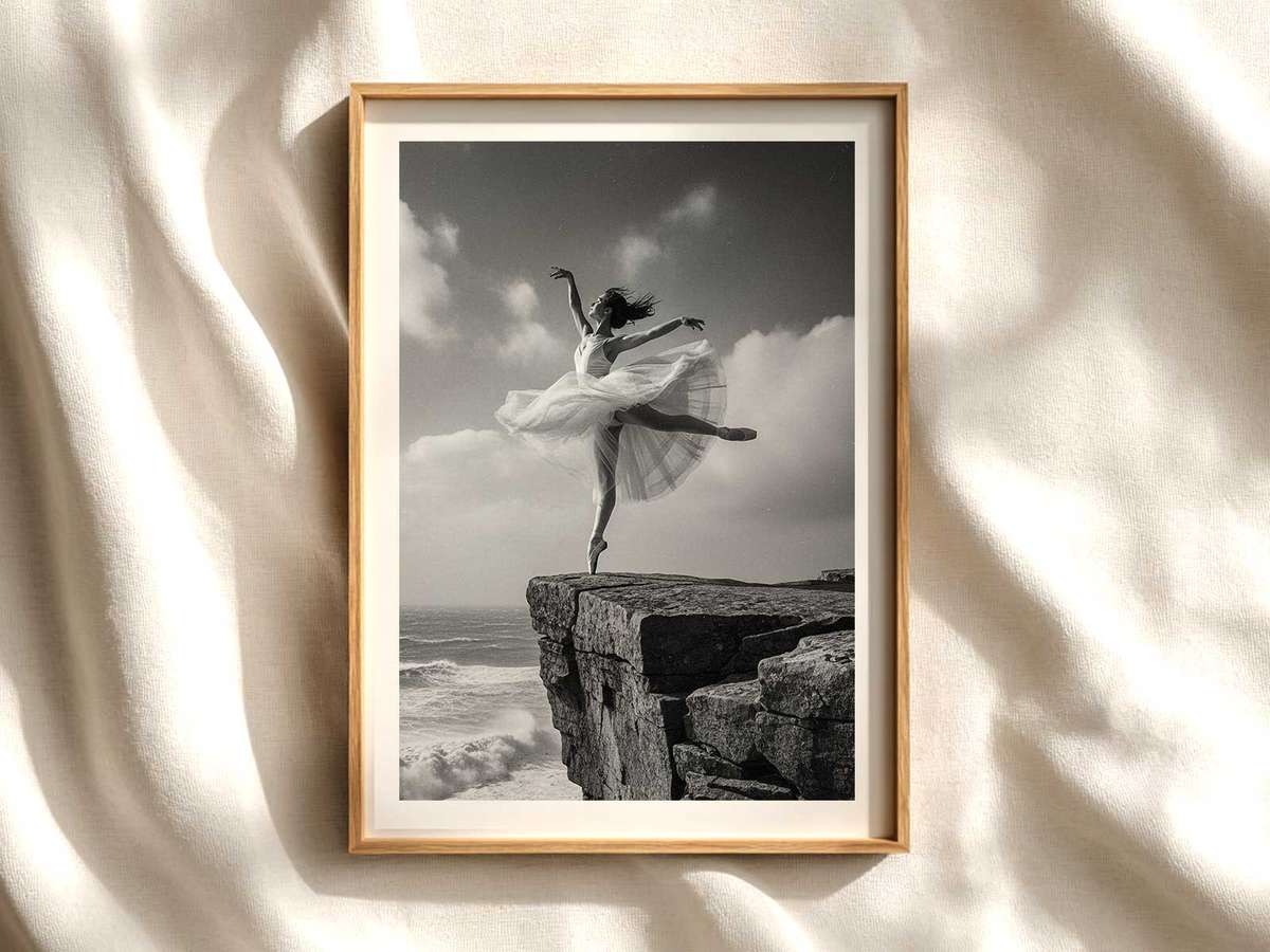 Ballerina at the Cliff Edge — Silhouette and Silence ballet poster shown as refined dance wall art