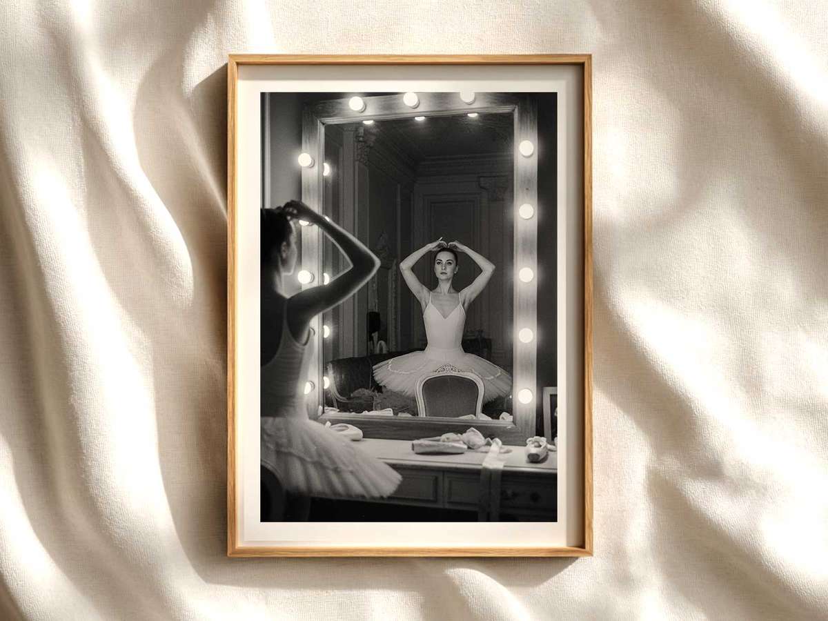 Plie in the Mirror — Alignment and Discipline ballet poster shown as refined dance wall art