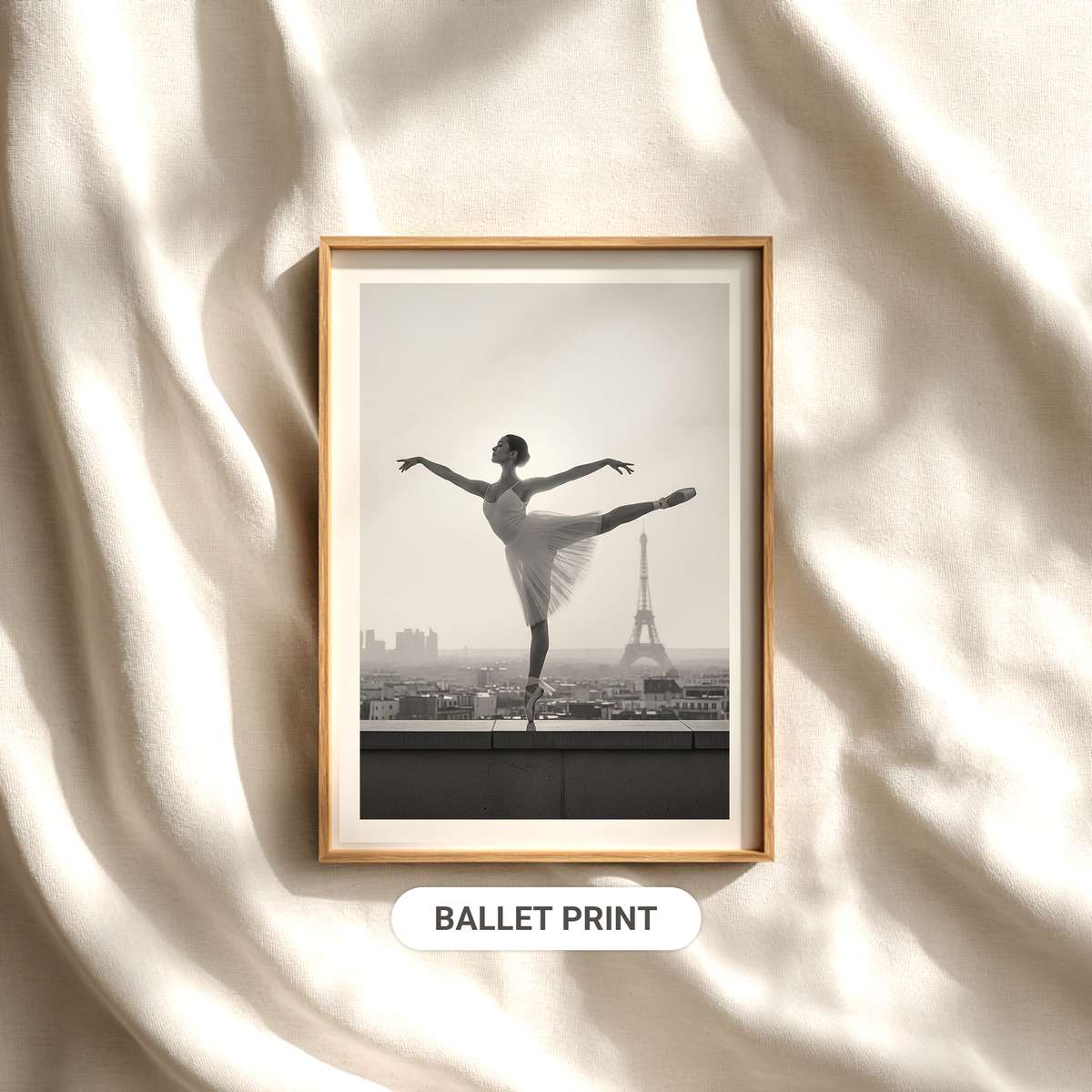 Ballerina by Arched Window in Vintage Paris ballet poster shown as refined dance wall art