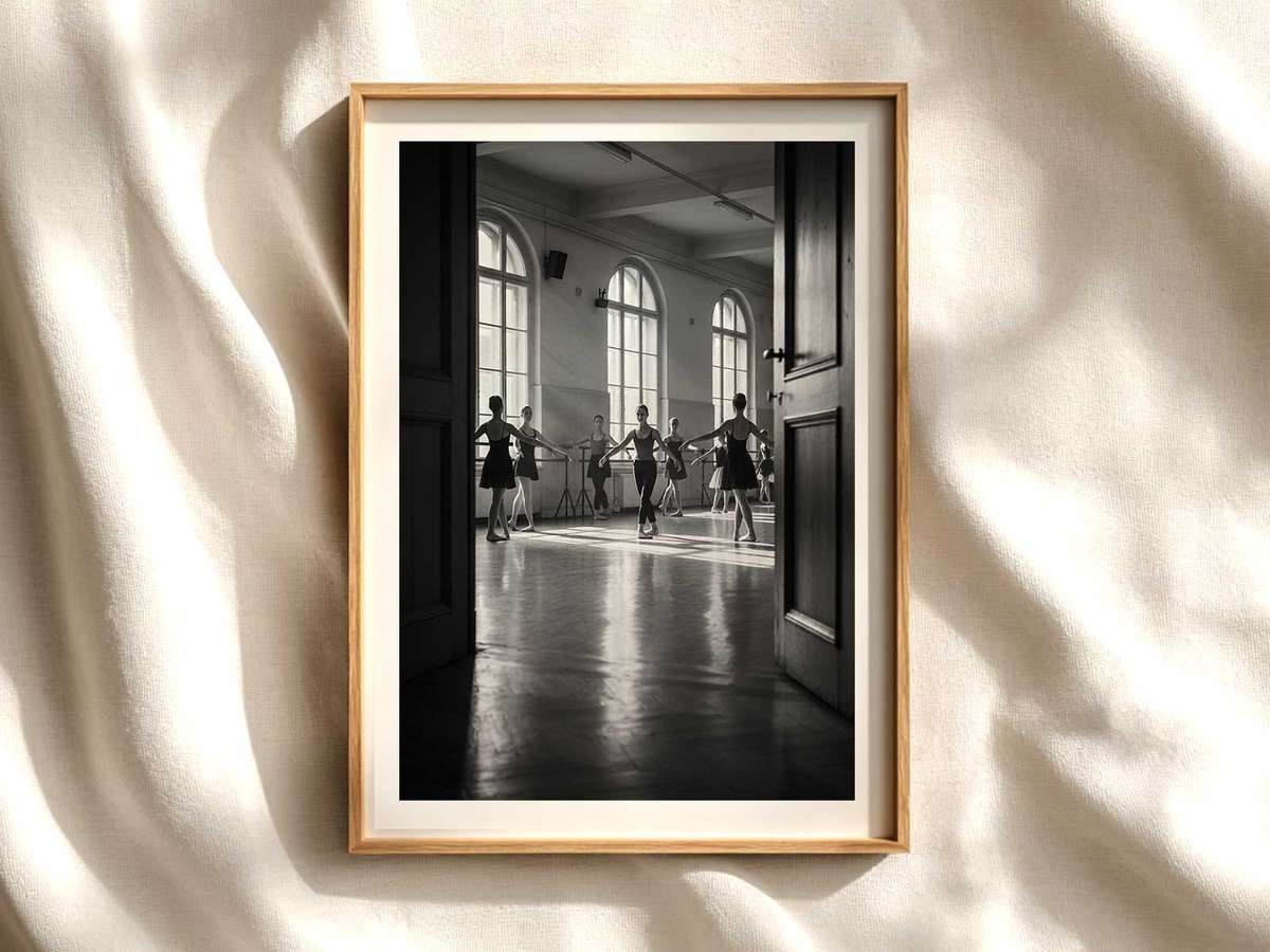 Suspended Plié in Sunlight — Ballet Dancer Artwork Poster ballet poster shown as refined dance wall art