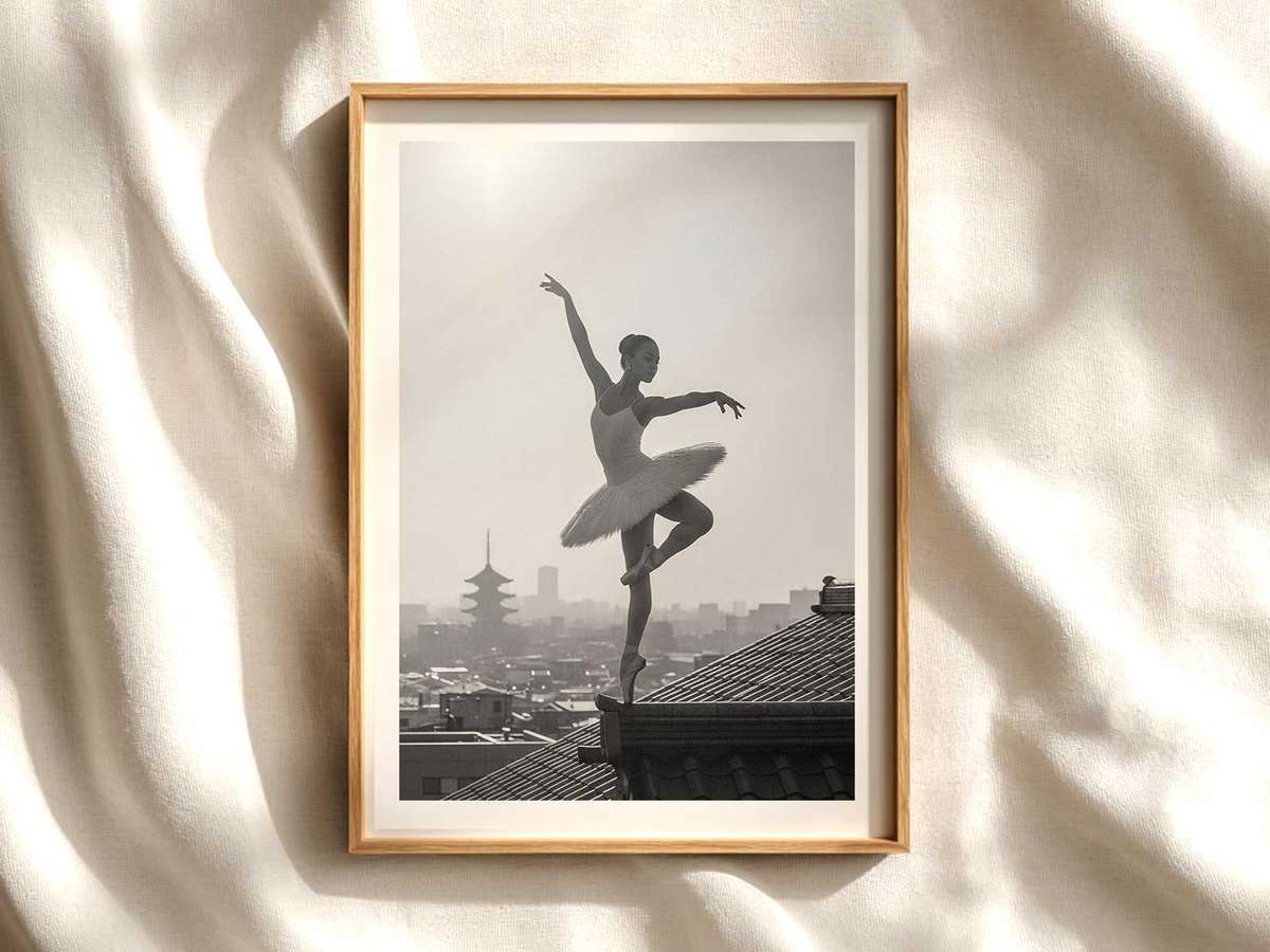 Solitary ballerina under Tokyo lamppost ballet poster shown as refined dance wall art