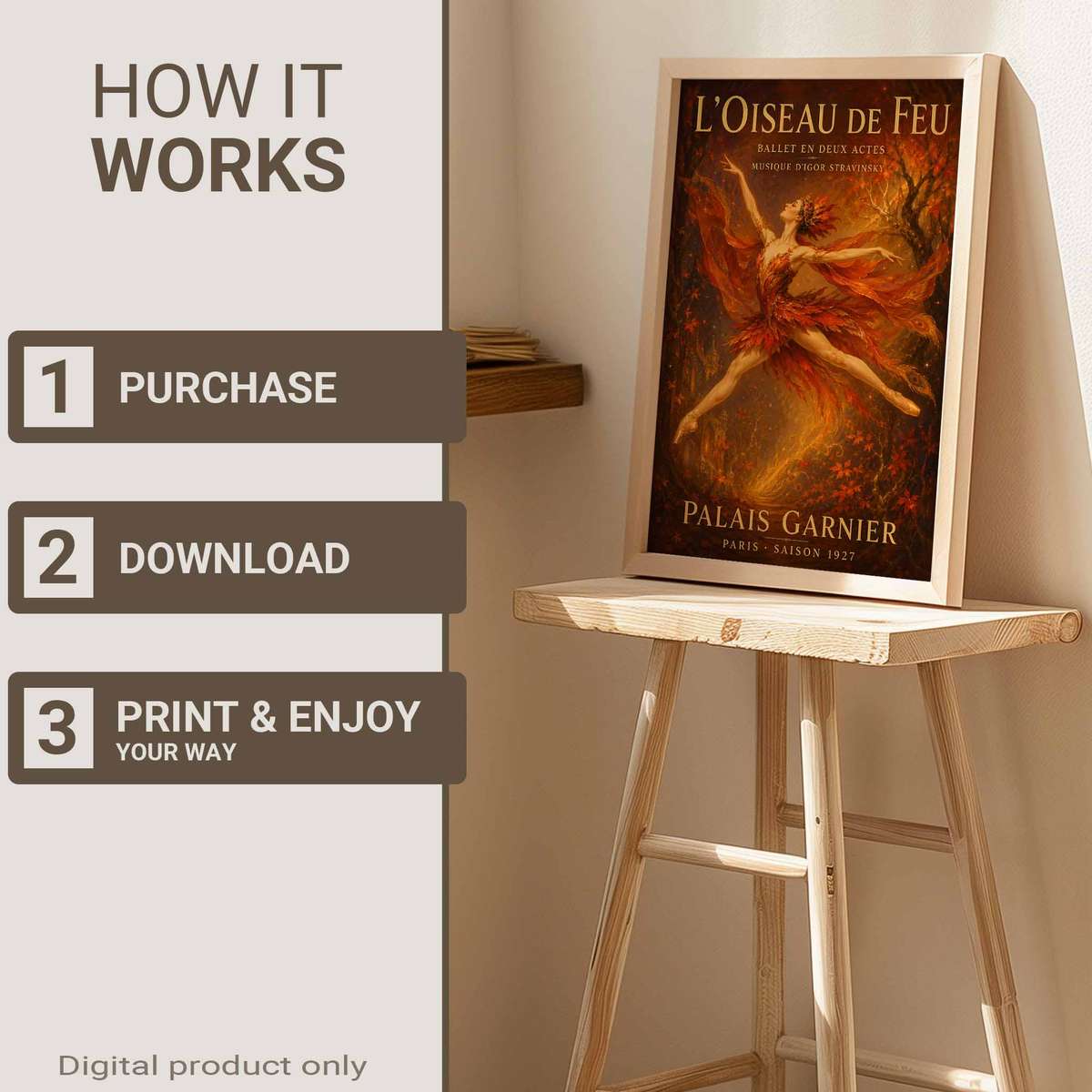 Artistic view of Firebird showing expressive posture and refined dance details for dance studio decor with French text