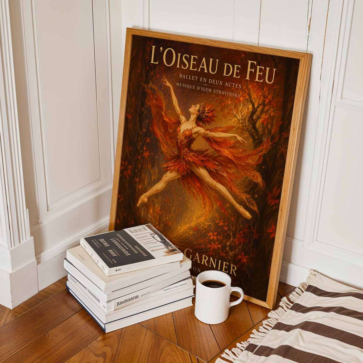 Firebird wall art showcasing rehearsal-inspired details and graceful silhouettes inspired by vintage french text ballet and a poetic visual character with French text