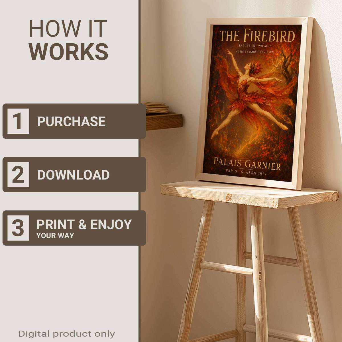 Vintage illustration of Firebird presented through poetic movement with softly balanced composition