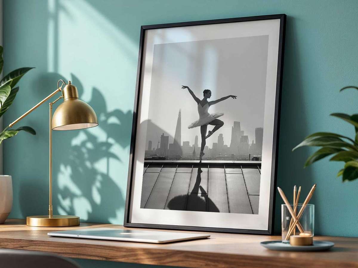 Solo ballet portrait on the foggy Embankment, warm sepia tones and gentle paper texture conveying enduring mood