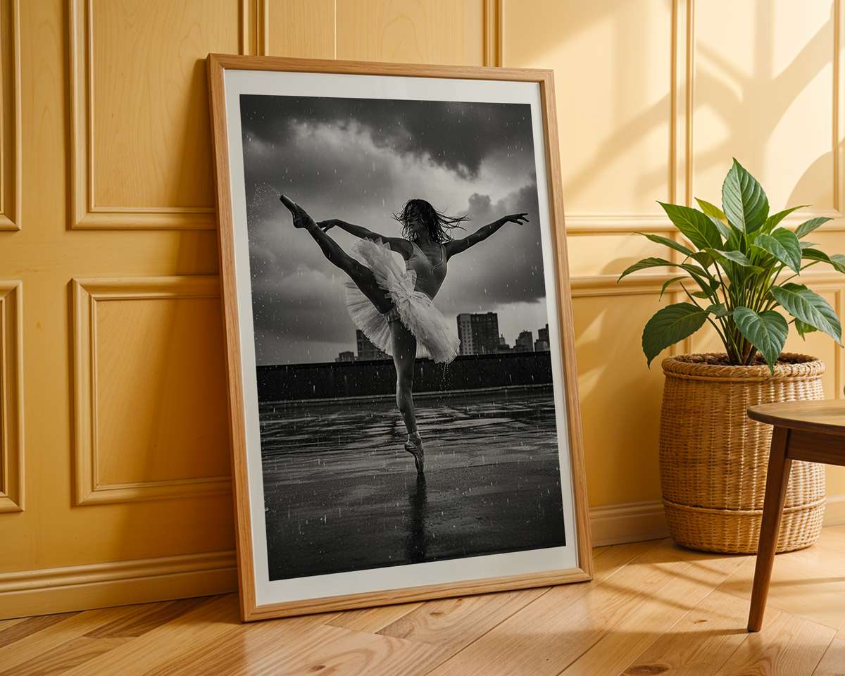 Black ballerina print shown framed as if in a gallery, with soft reflections and archival matting