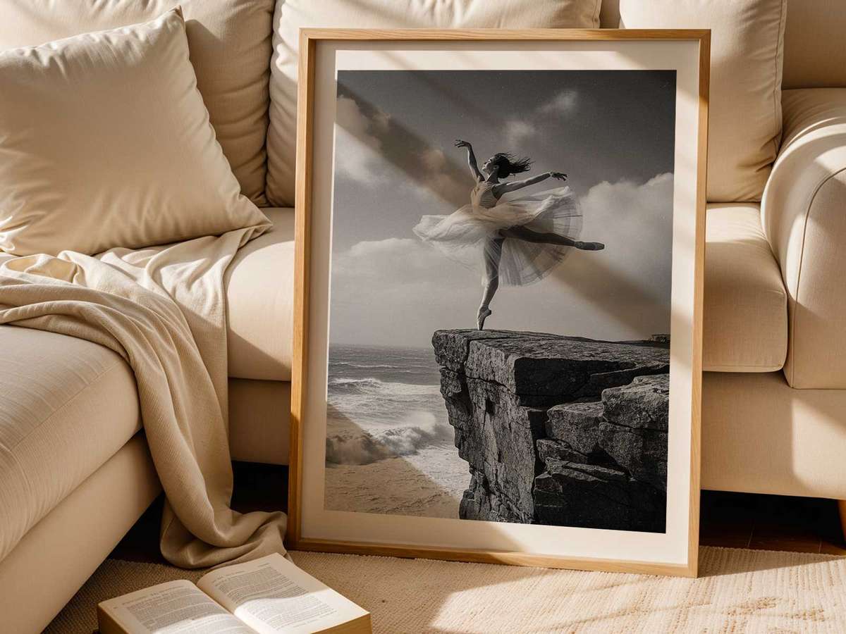 Portrait of a ballerina gazing toward an empty horizon above a sheer drop, the composition emphasizing air and…