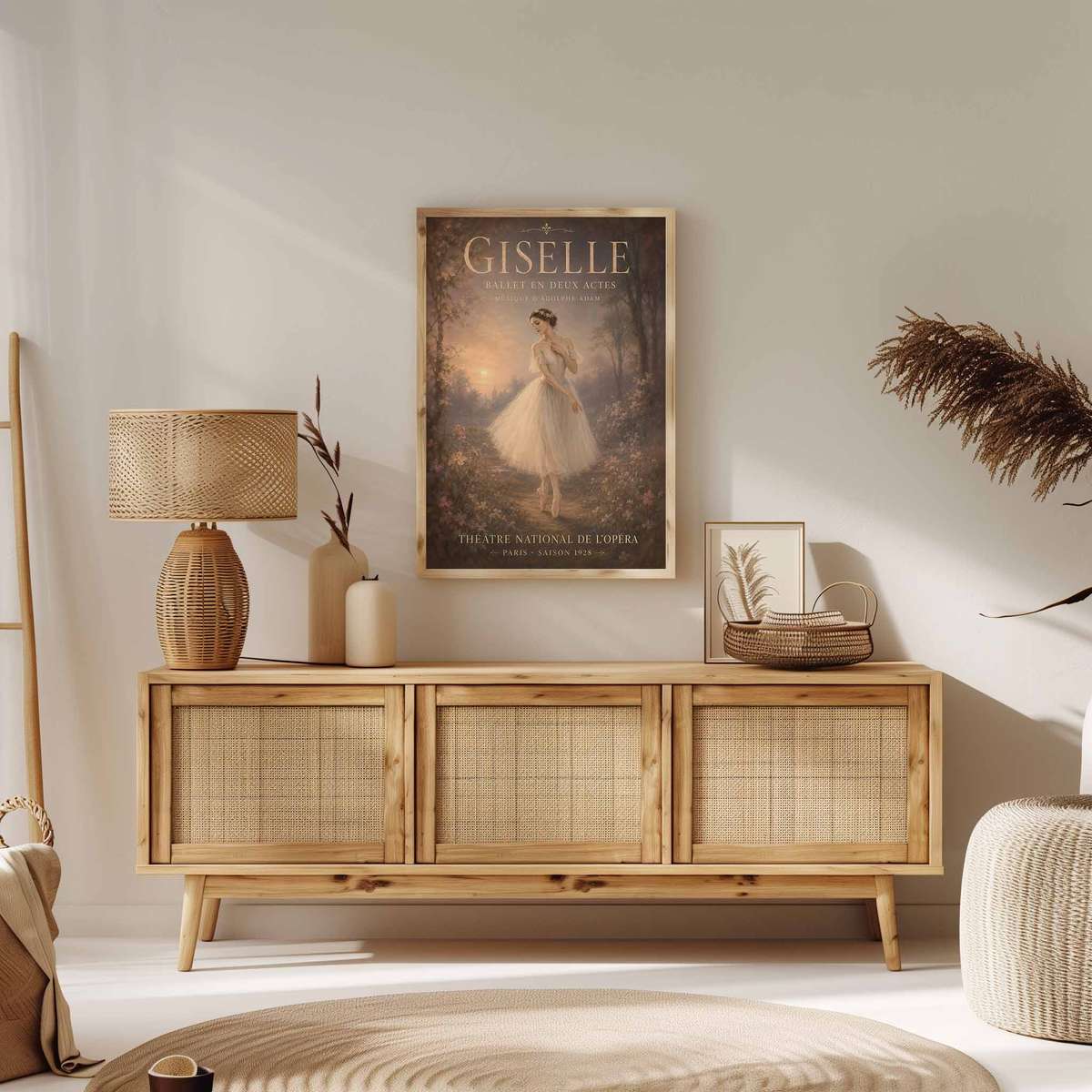 Giselle shown in a elegant composition showcasing fluid motion and an intimate performance mood inspired by vintage french text ballet with French text