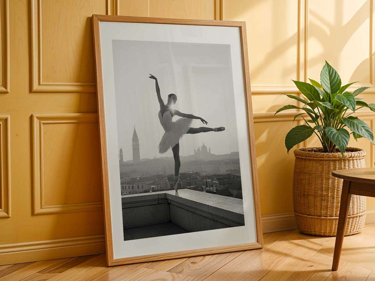 Three-quarter view of a ballerina framed by a gondola backdrop and classical Venetian architecture, textured like a printed…