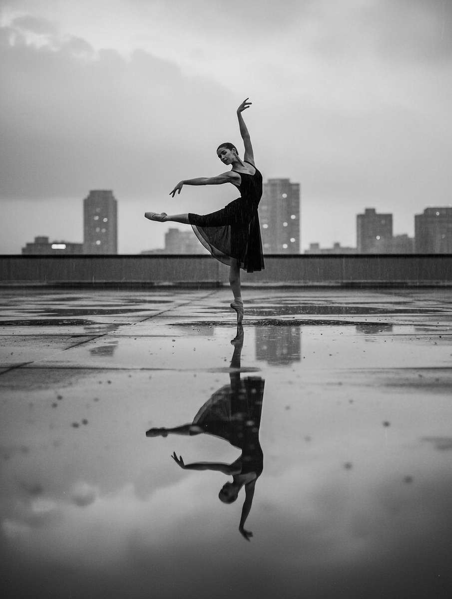 Ballerina suspended mid-leap on an empty wide avenue, the open frame making her the emotional focal point