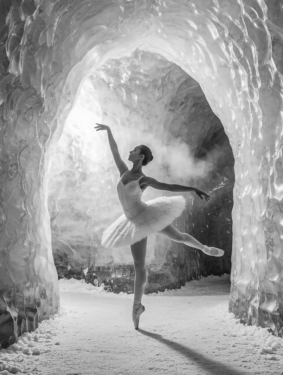 Solo dancer poised before a frosted backdrop where delicate ice patterns catch soft stage light