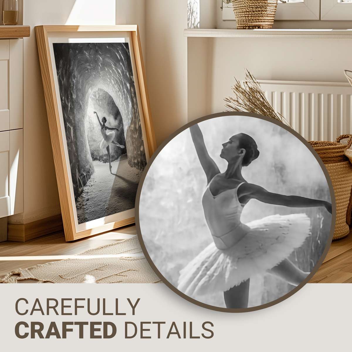Ballerina silhouette on a dim winter stage with pale backlight and frosted set pieces