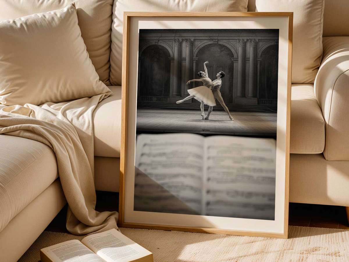 Close study of a dancer’s extended leg and arm under dramatic stage light, lines of the body forming elegant geometry