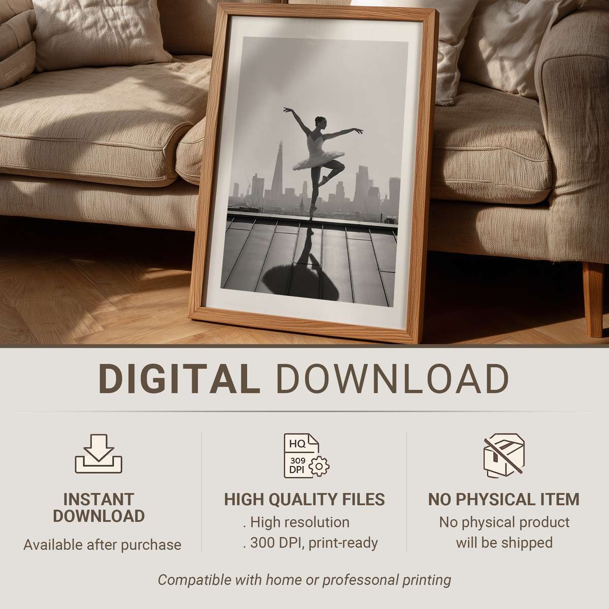 Ballerina posed on a wrought-iron balcony overlooking a misty London street, soft vintage tones and textured print effect