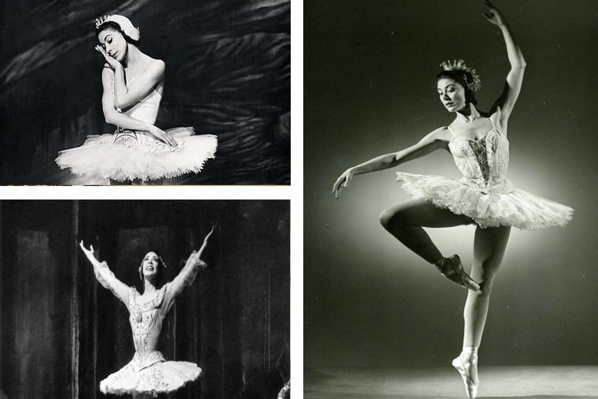 Margot Fonteyn performing a classical role in an evening gown-style tutu, executing a lyrical arabesque on a dimmed stage