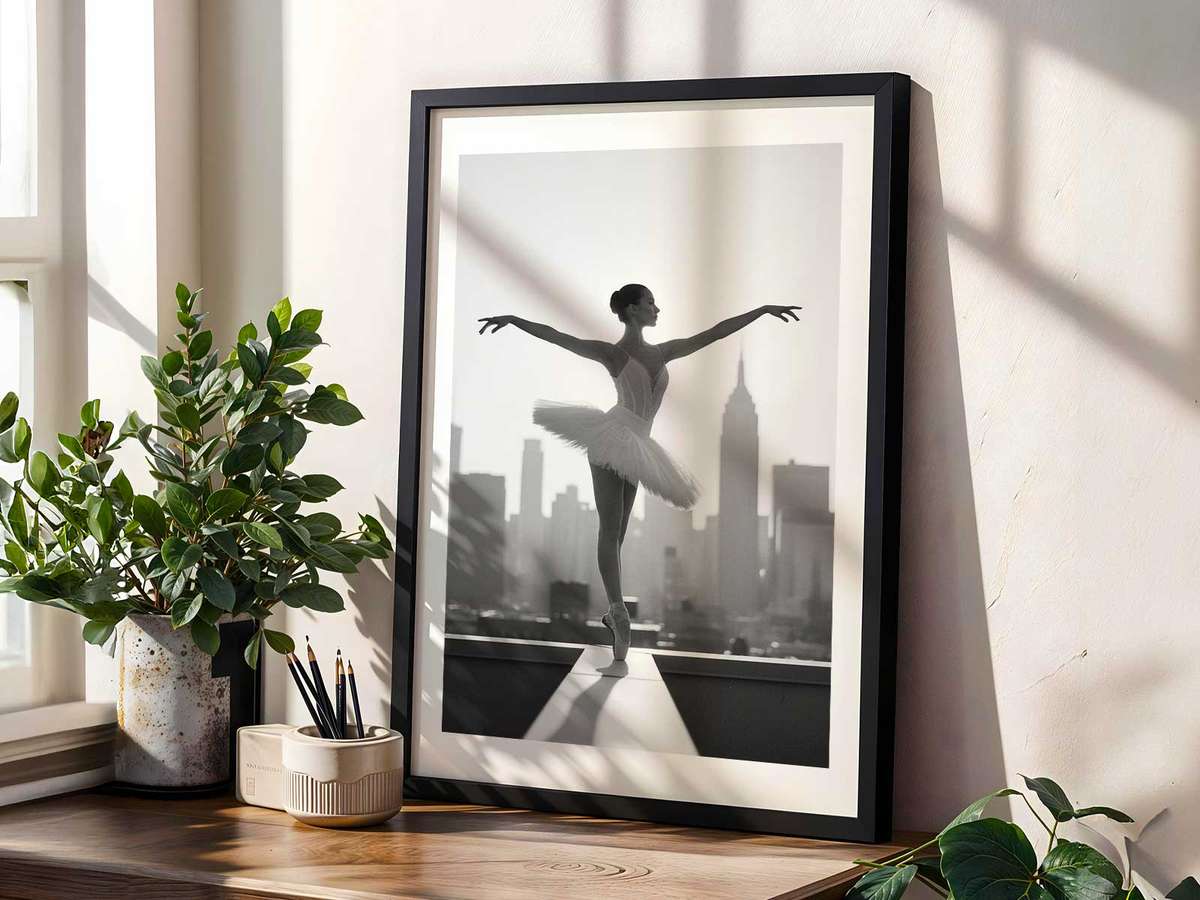 Solo moment of a ballerina on a dimly lit stage captured mid-balance illustrating control and poise
