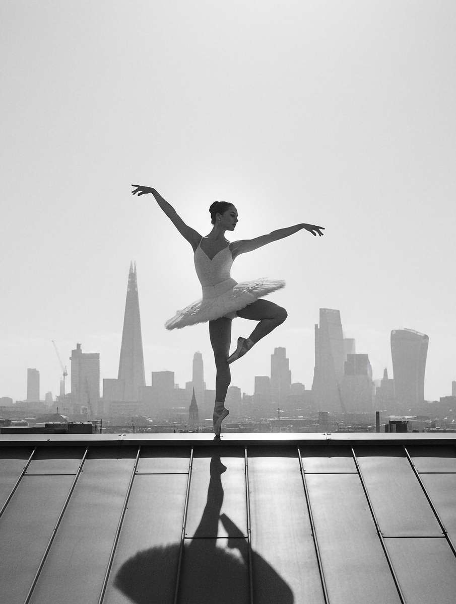 Dancer rehearsing in an intimate underground theatre, muted colors and subtle grain evoking scenographic restraint