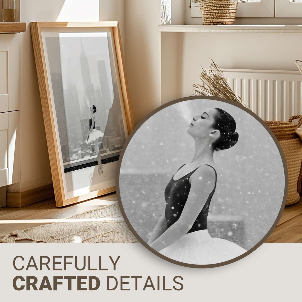 Solo ballerina poised en pointe on a snow-covered field, breath visible in cold air