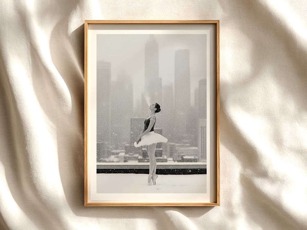 Solo ballerina poised en pointe on a snow-covered field, breath visible in cold air