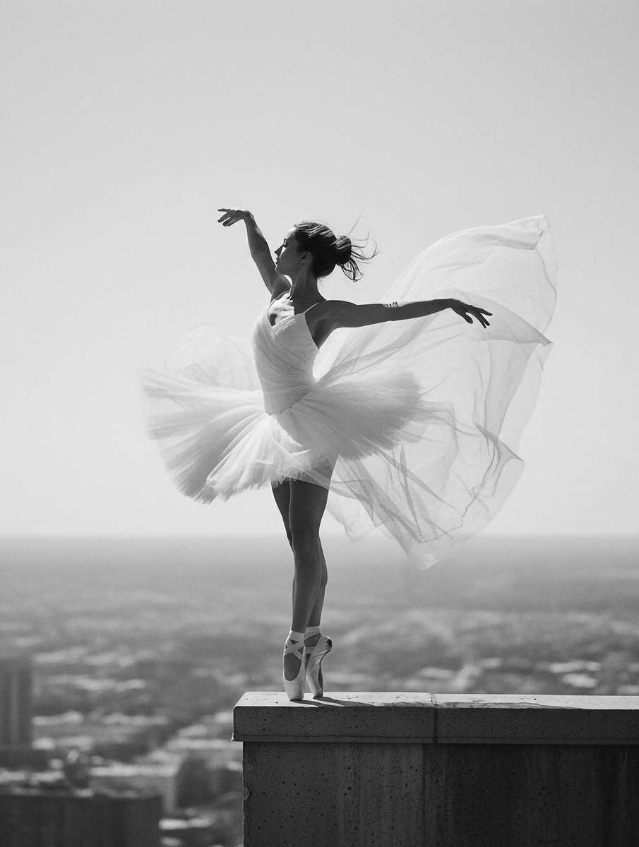 Ballerina silhouette performing beneath vintage streetlights and a moonlit city street