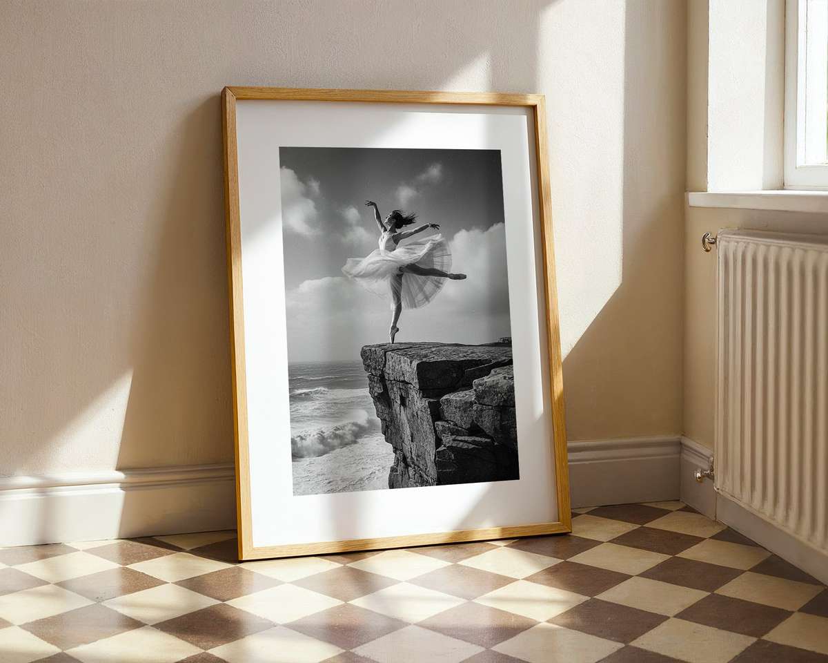 Minimalist portrait of a ballerina making a simple hand gesture that conveys emotion