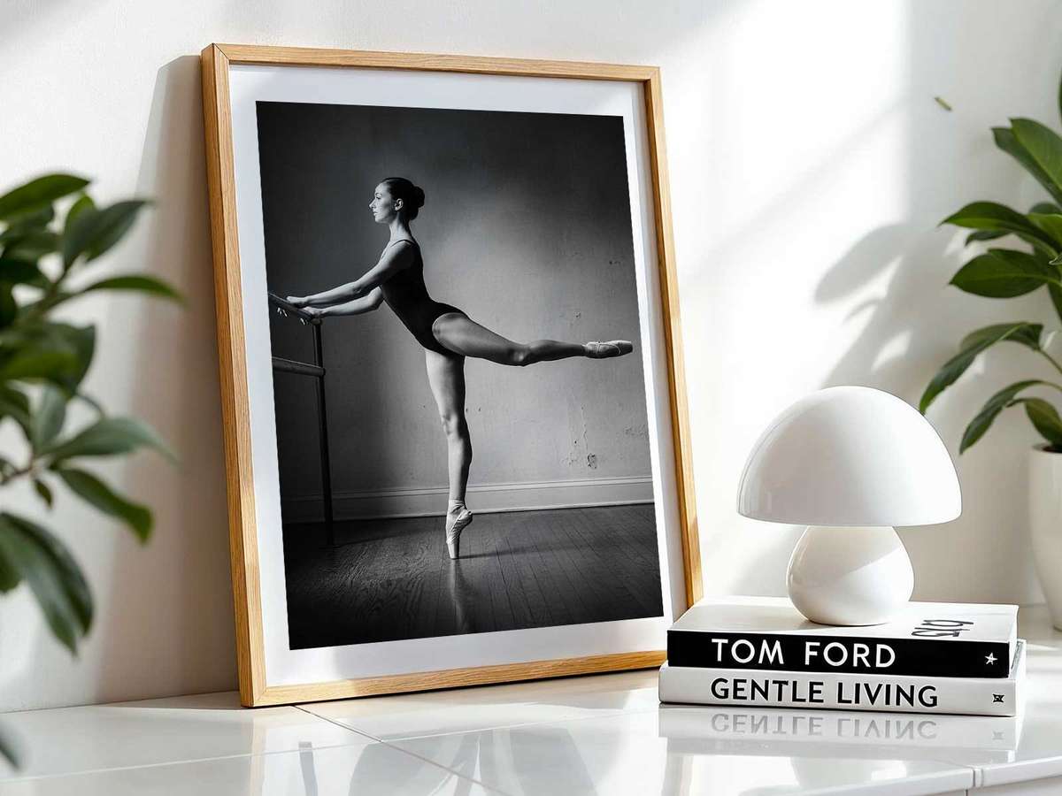 Wide minimalist studio composition with a single dancer, empty space and simple lines emphasizing balance and serenity