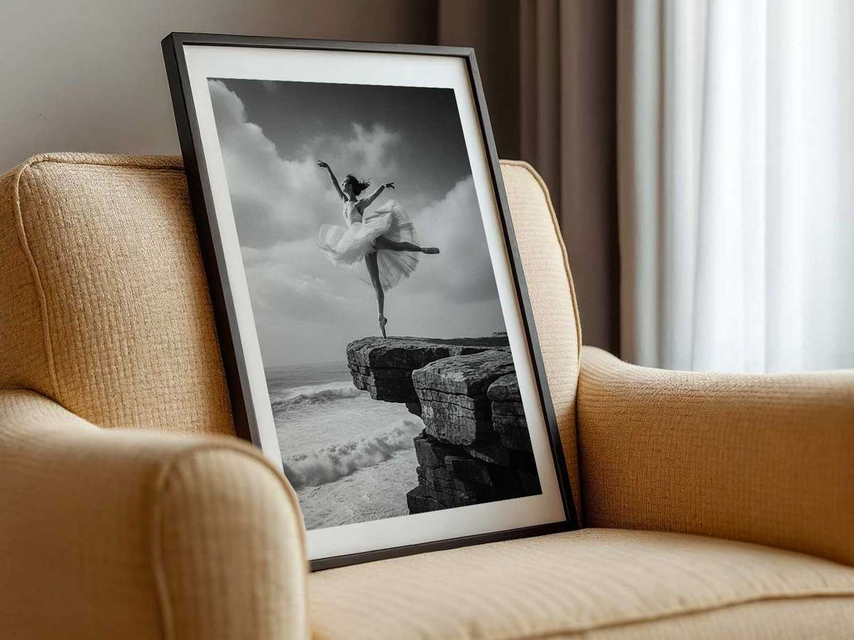 Ballerina in a deep plié on a moonlit beach, silvery light reflecting on wet sand