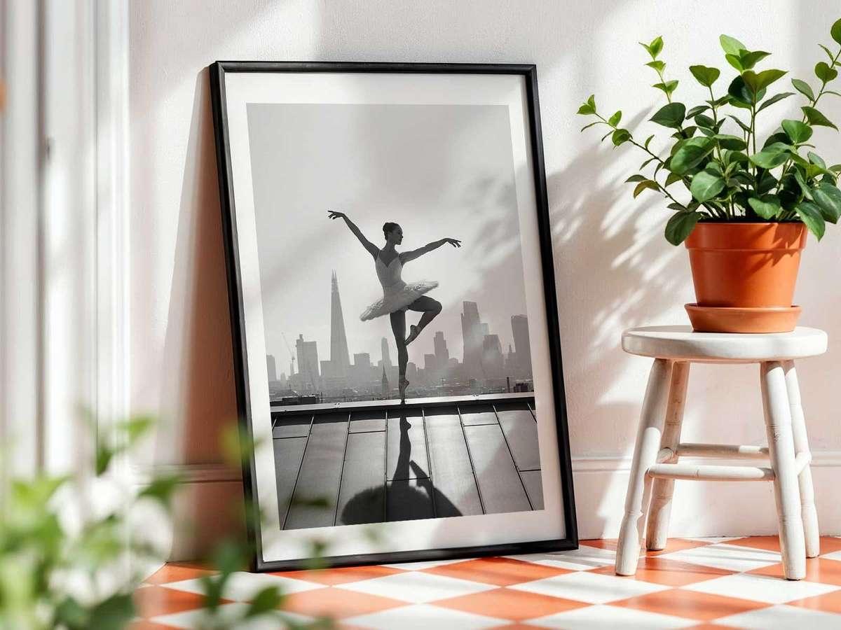 Dancer in a plié within a museum courtyard, architectural backdrop and vintage color grading for a refined, patrimonial look