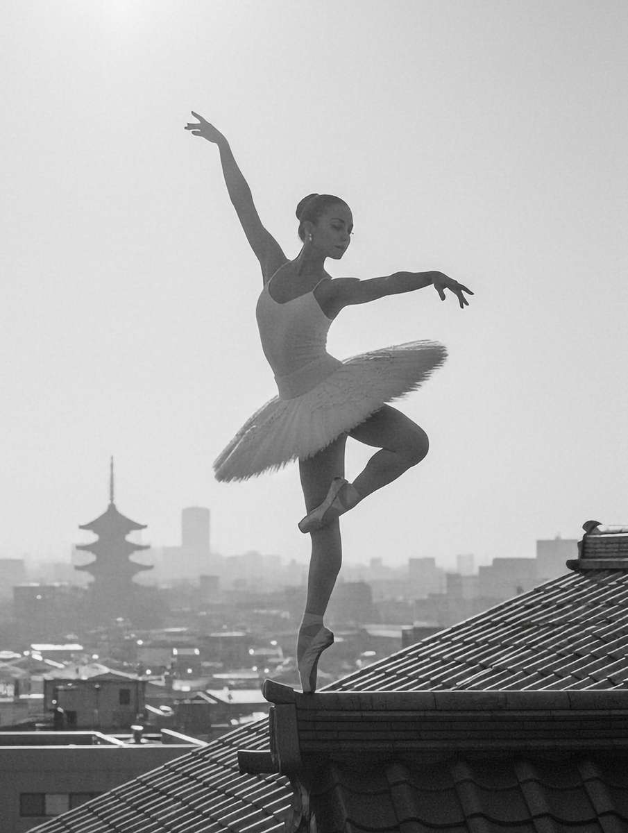 Ballet dancer posed at the edge of a rooftop, silhouetted against distant high‑rise lights and a hazy urban skyline evoking…