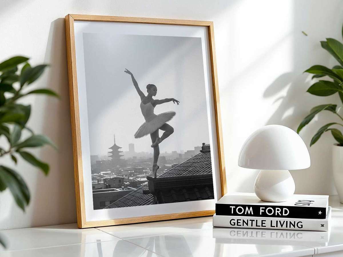 Solo dancer framed by neon arcade signs and their reflections on glass, the vibrant colors contrasted with a serene…