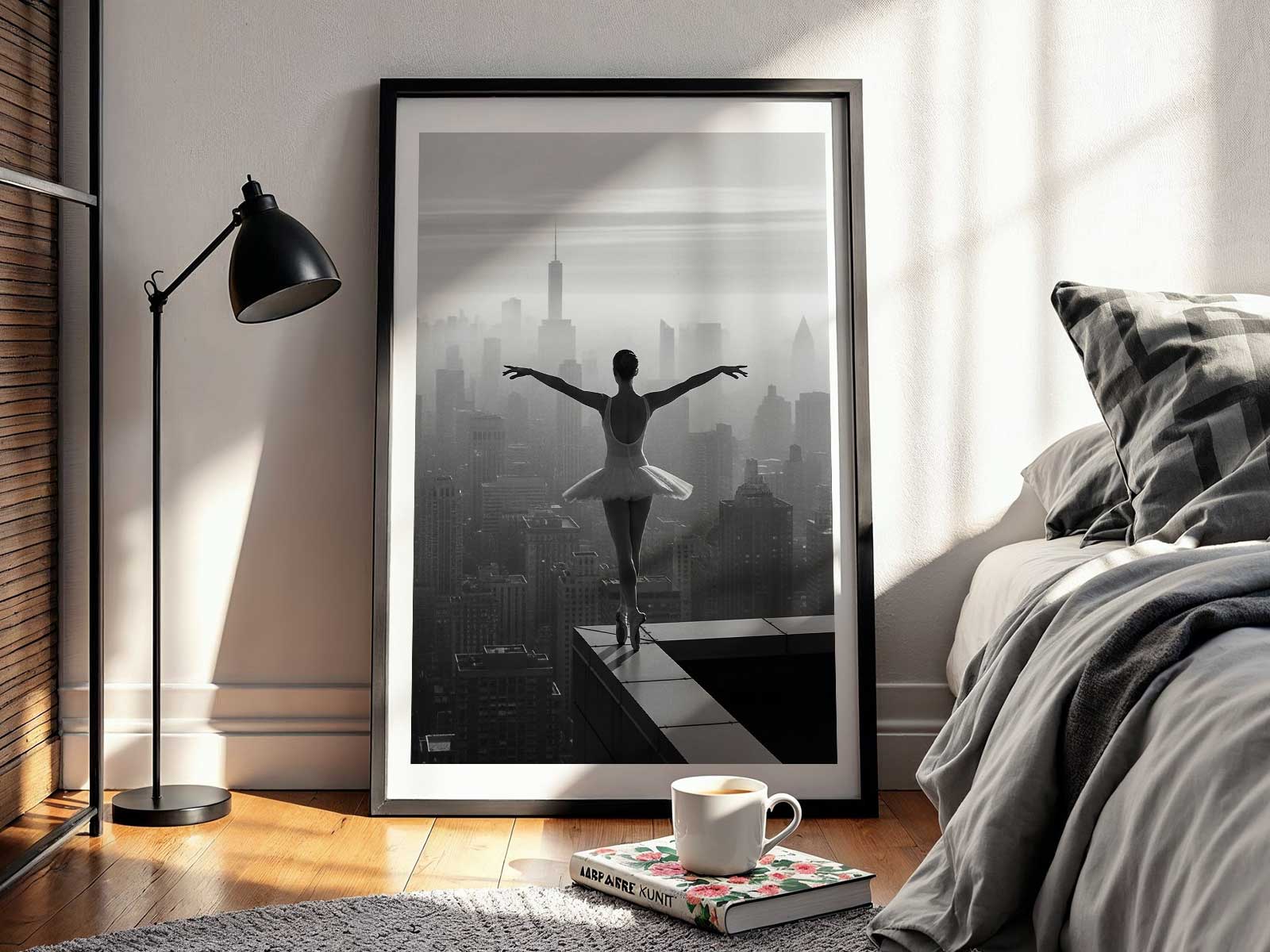 Neutral-toned portrait of a single ballerina in rehearsal pose, evoking discipline and quiet elegance