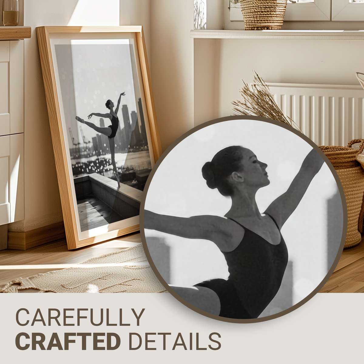 Ballerina posed by a large warehouse window with softened sunlight filtering in, highlighting her tutu and the textured…