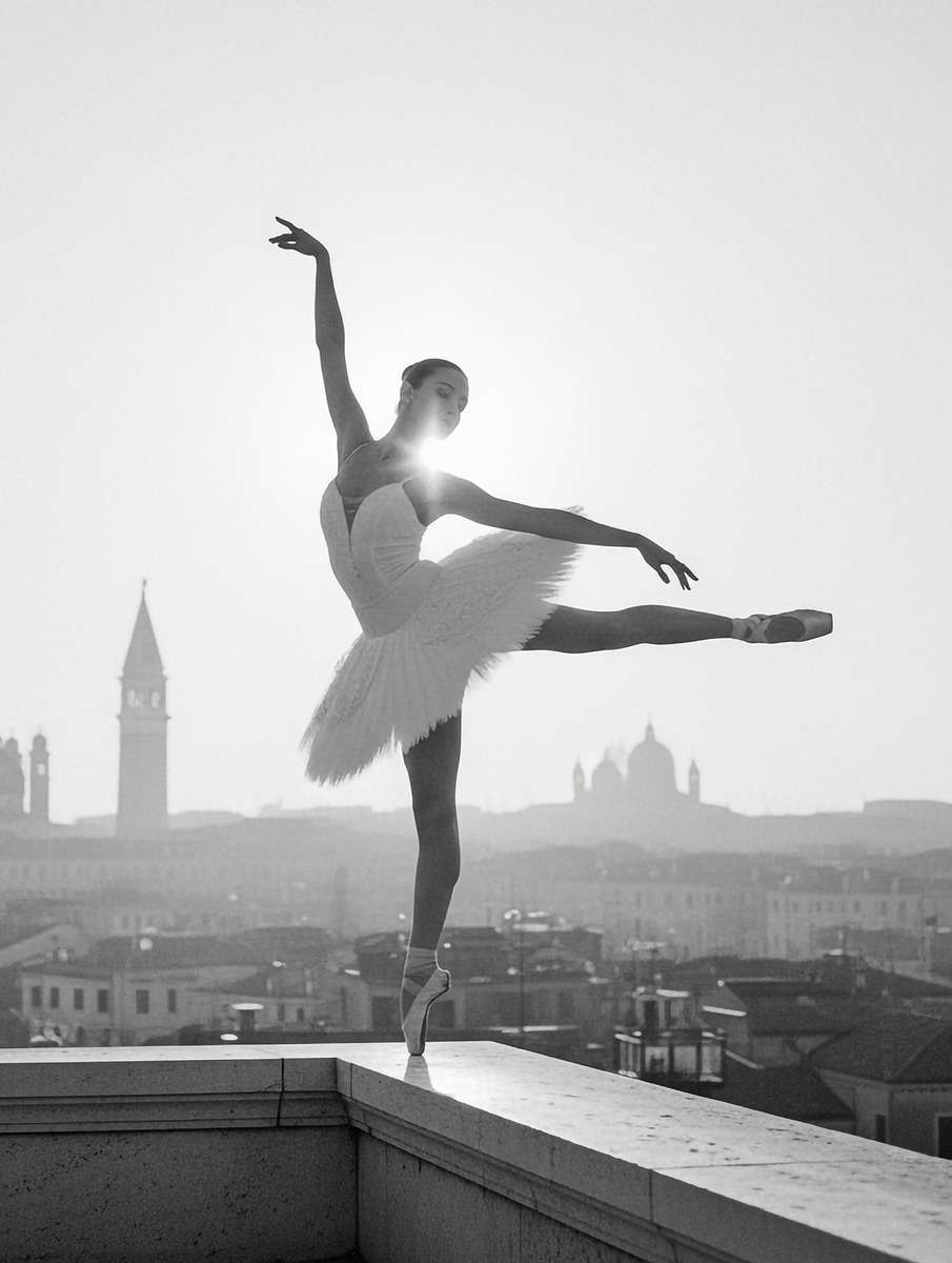 Ballerina standing at a canal edge with her reflection in rippling water beneath a faded palazzo facade