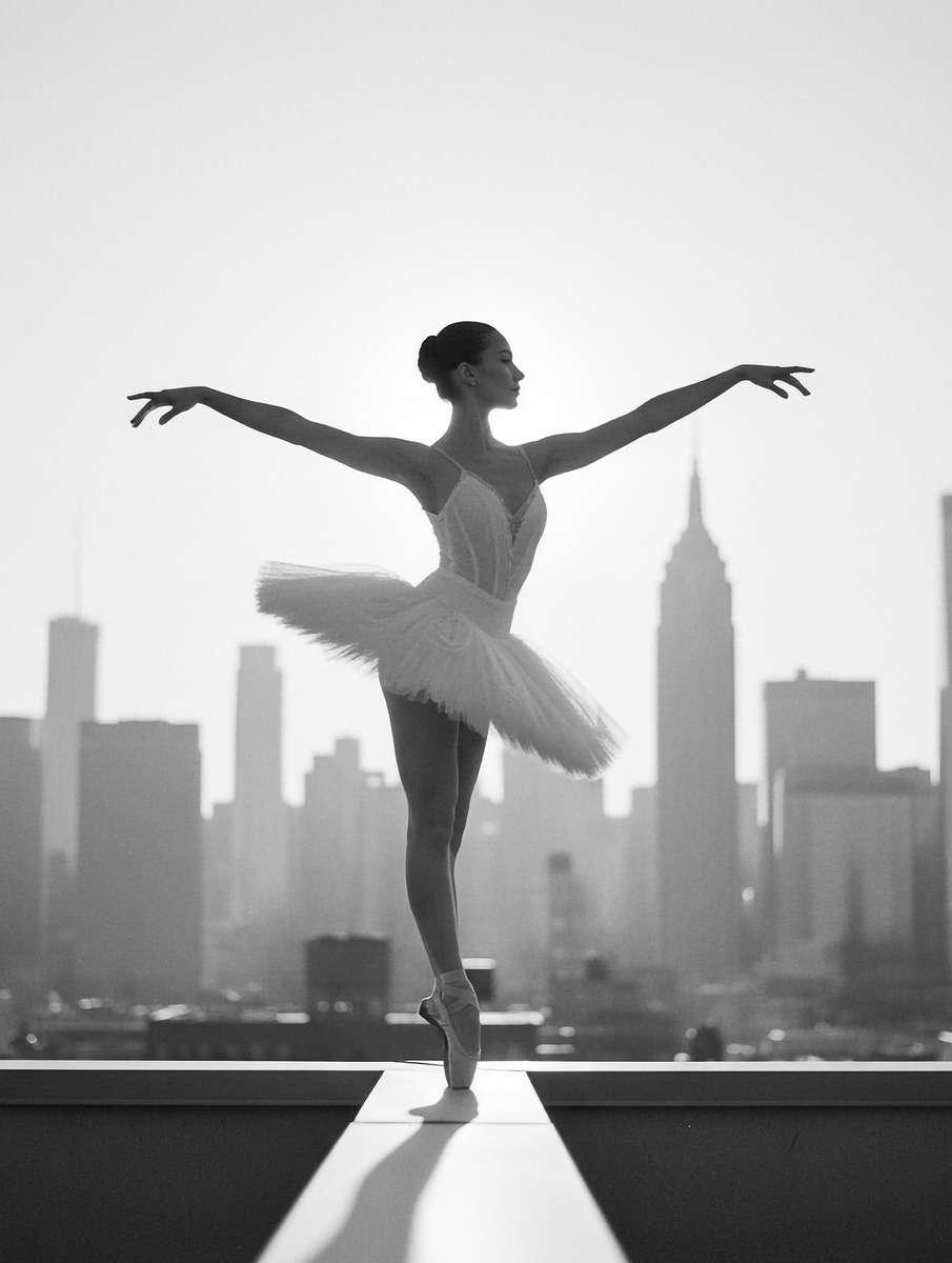 Ballerina in arabesque balancing before a distant cityline, light catching the contours of her form