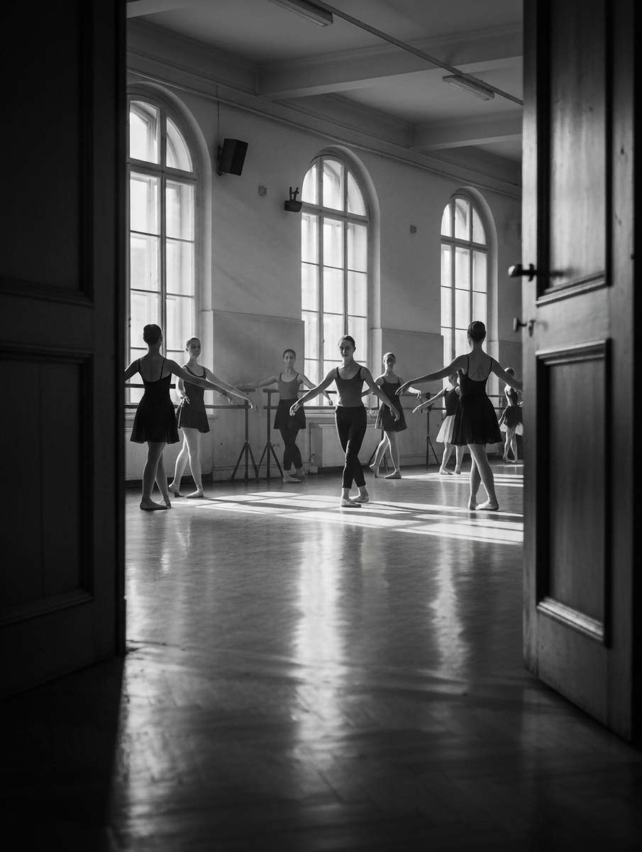 Solo dancer in a poised arabesque beside a tall studio window, the pose frozen with calm intensity