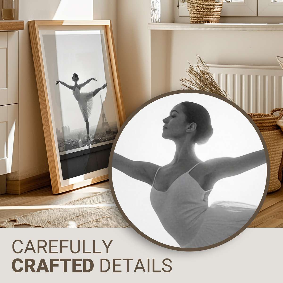 Ballerina posed by an arched stone window with soft vintage tones and distant Parisian rooftops