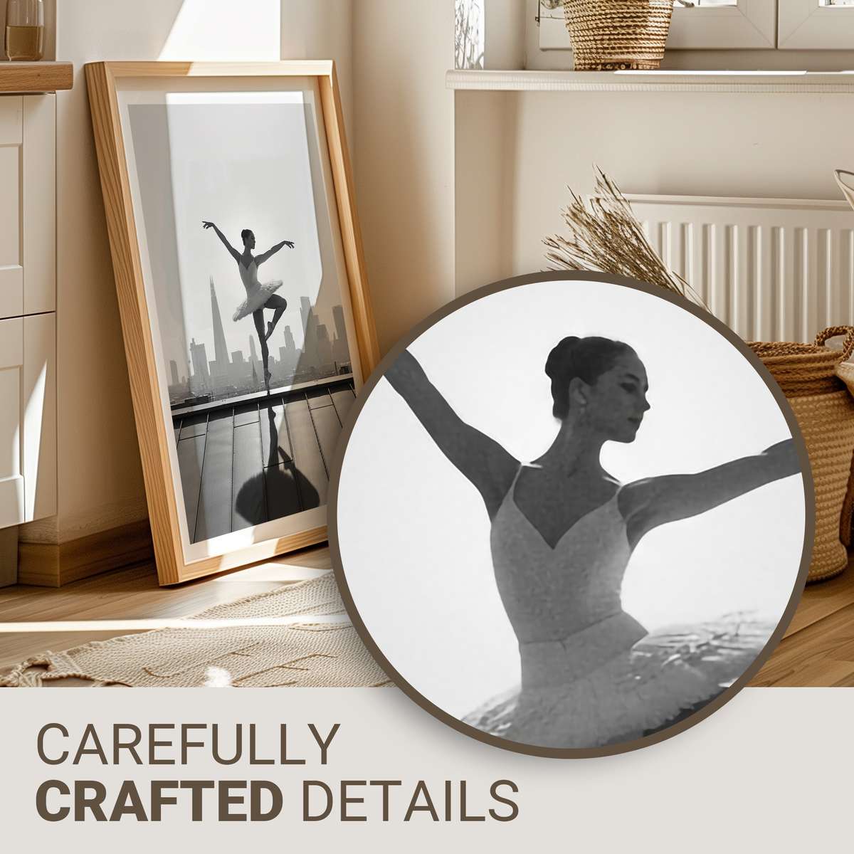Ballerina posed on a wrought-iron balcony overlooking a misty London street, soft vintage tones and textured print effect