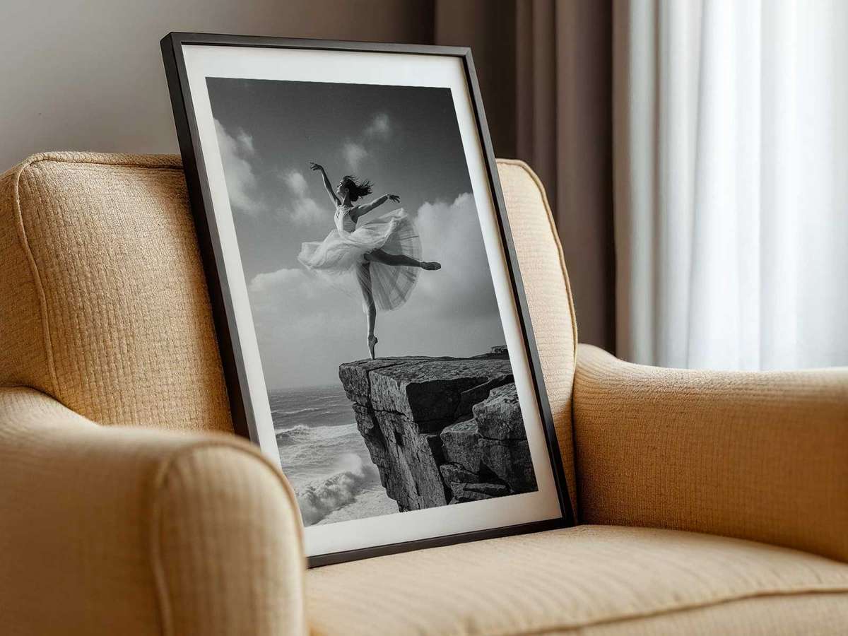 A ballerina posed on a narrow stone outcrop against a panoramic cliff landscape, calm expression and poised arabesque