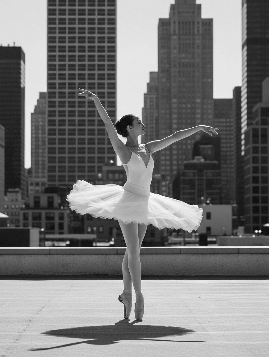 Ballerina in arabesque against soft backlight, fabric trailing to accentuate the line from fingertips to toes