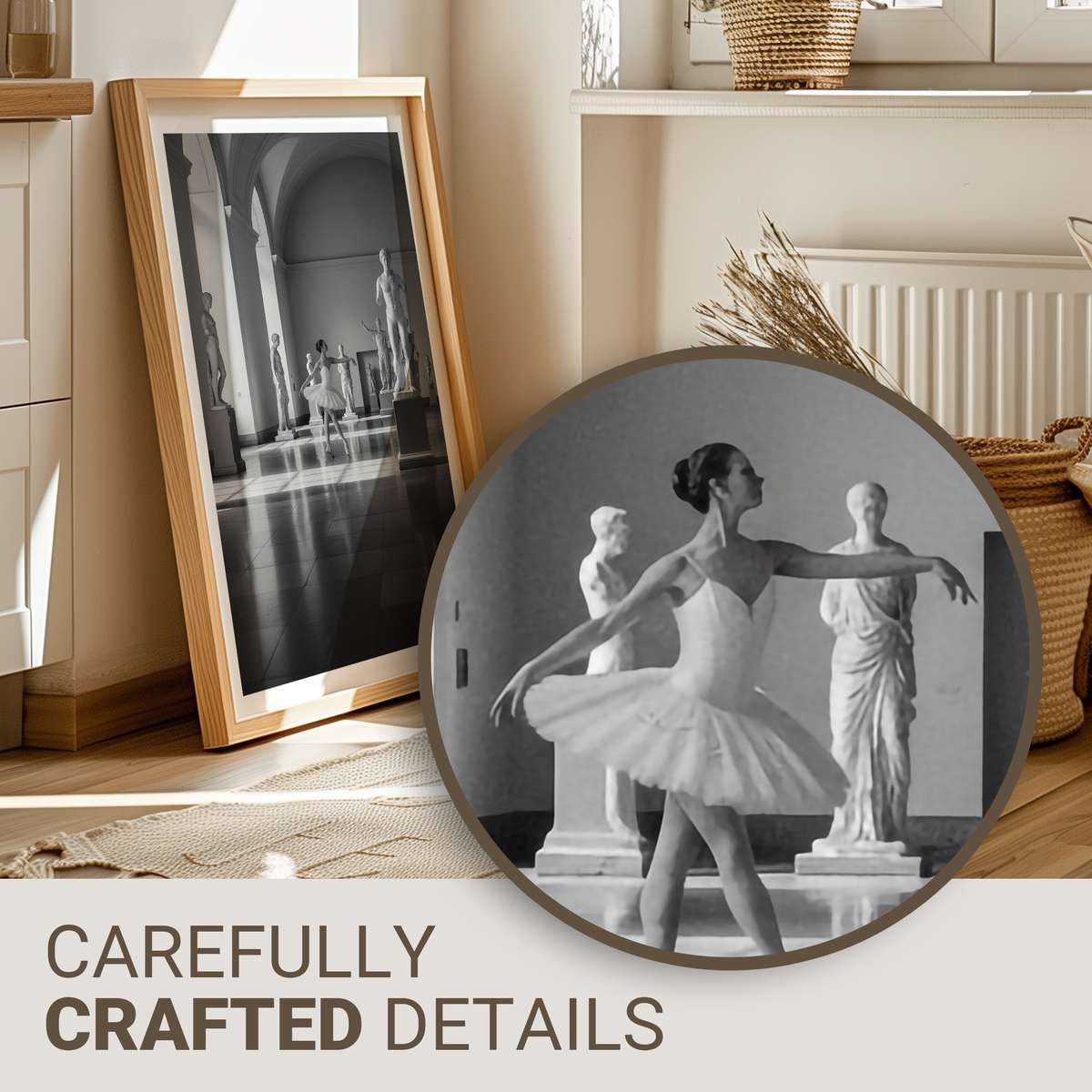 Close-up portrait of a ballerina posed like a classical sculpture, soft warm tones and textured paper effect