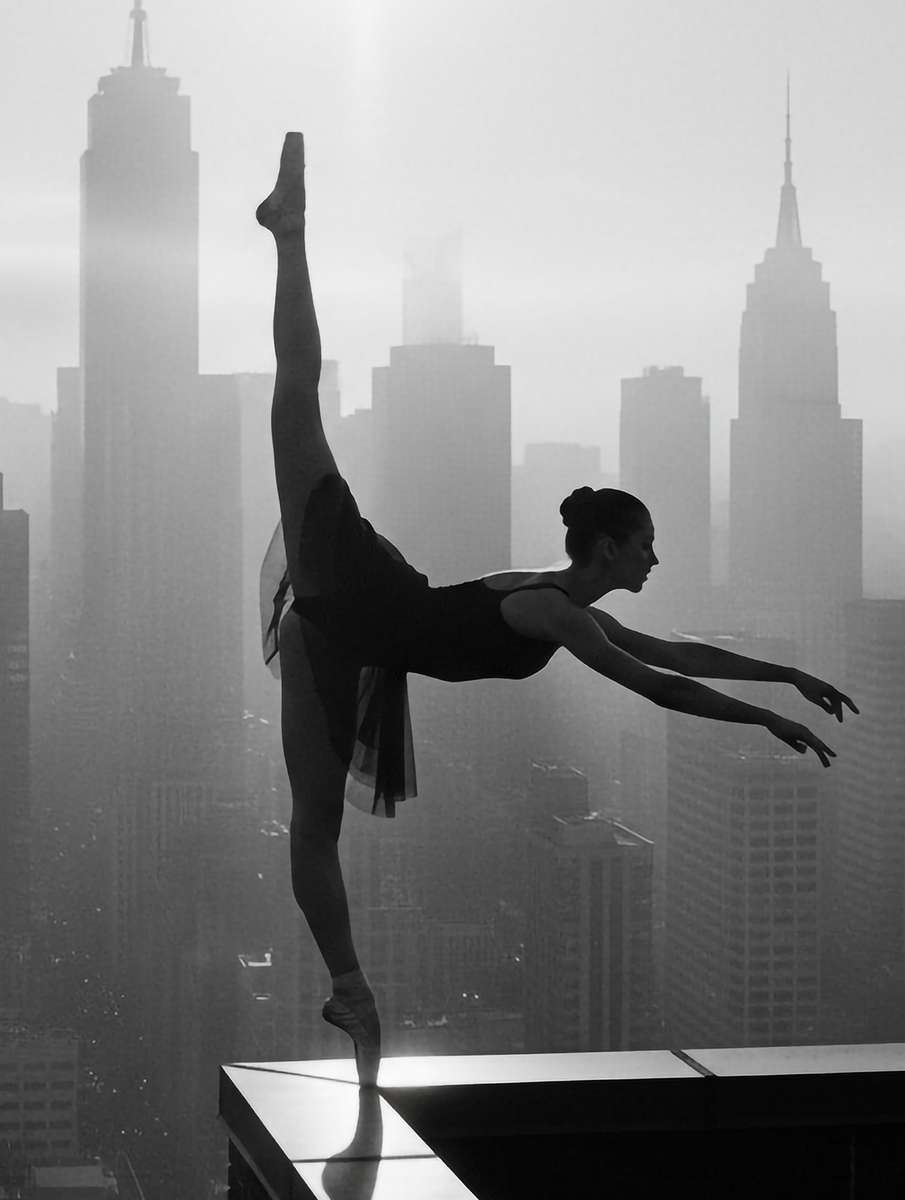 Ballerina standing center frame with poised shoulders and calm expression, her posture dominating the composition while the…
