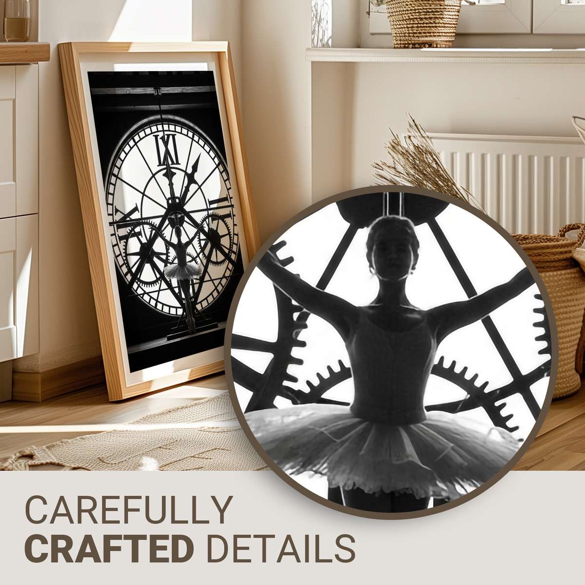 Side silhouette of a ballerina mid-plié with a faint antique clock face overlay creating a sense of time passing