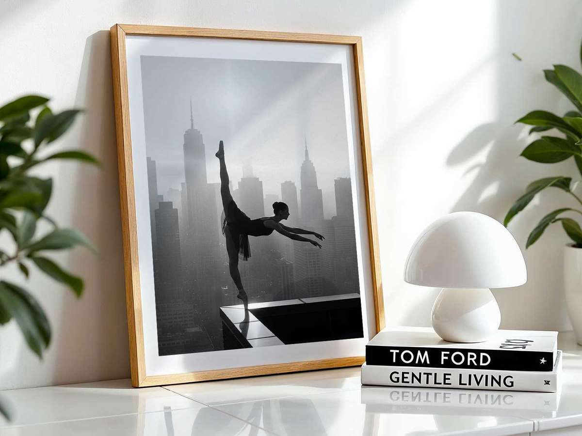 Close-up vertical composition of a ballerina's upper body and arms, her measured stance and refined silhouette filling the…