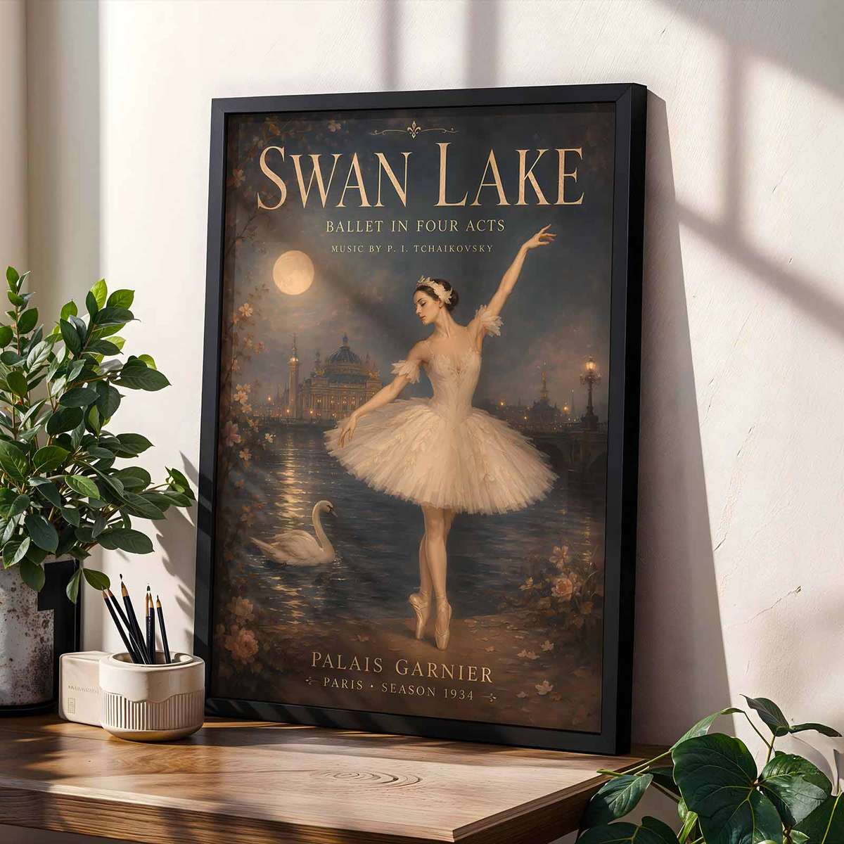 Swan Lake decorative print featuring fluid motion and an intimate performance mood for ballet lovers