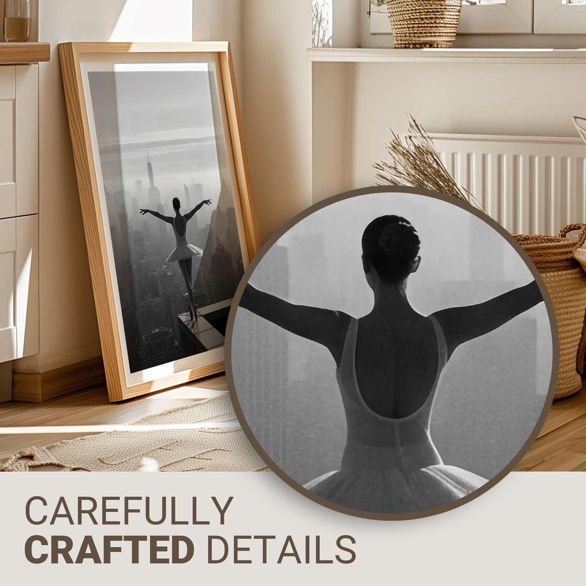 Silhouette of a lone ballerina standing en pointe against a soft neutral background conveying calm and focus