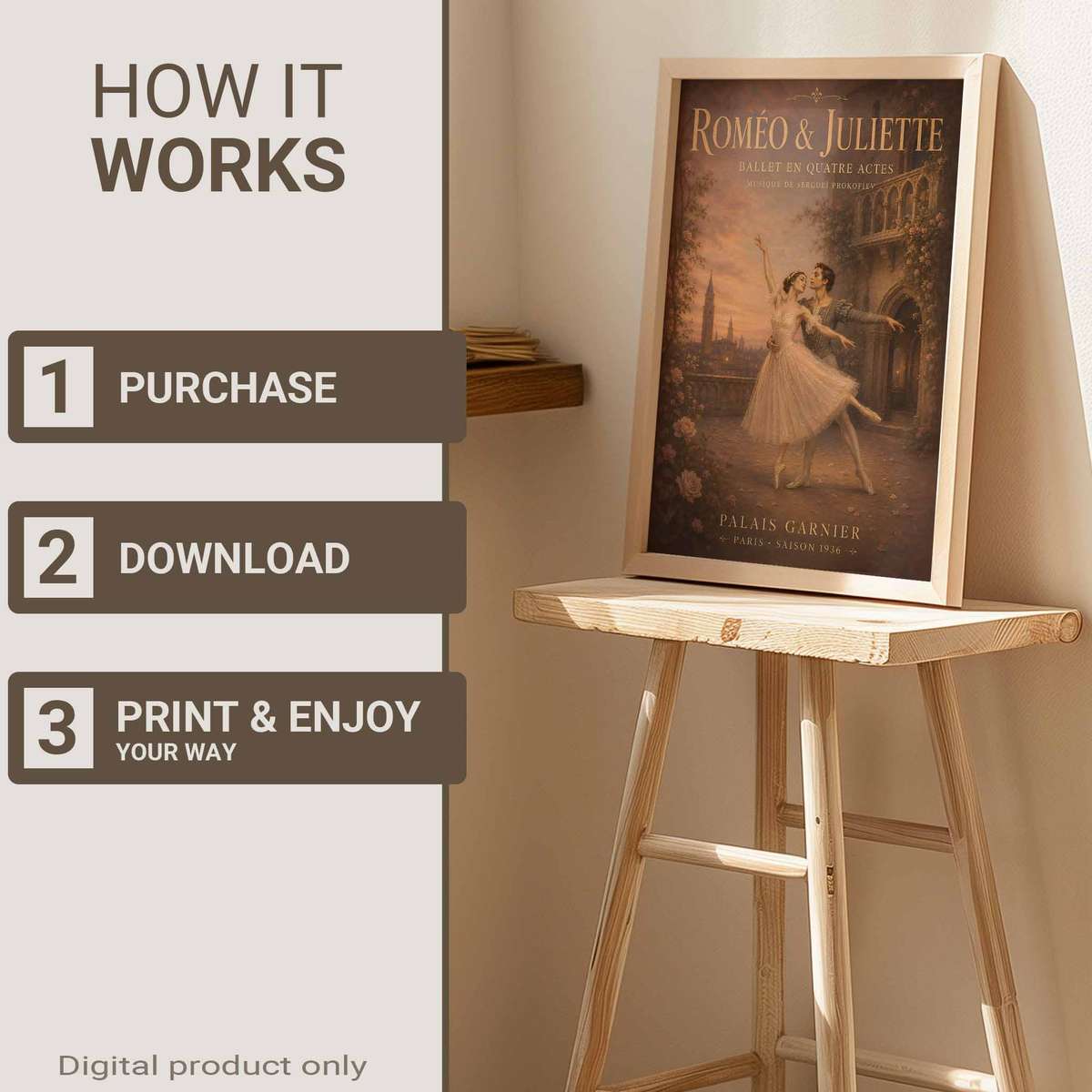 Abstract wall art centered on Romeo Juliet with a refined atmosphere with French text